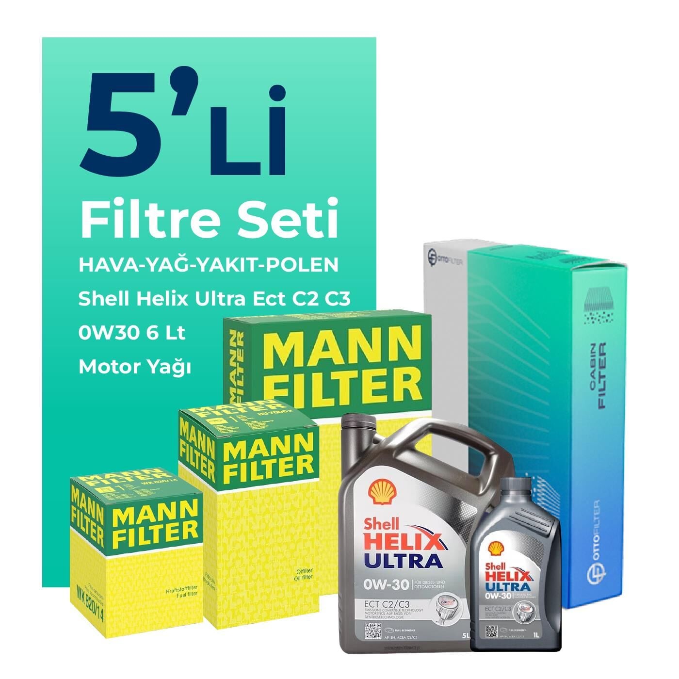 MANN Ford Connect 1.5 Dizel Filtre Bakım Seti Shell Motor Yağlı (2013-2019) 5 Li