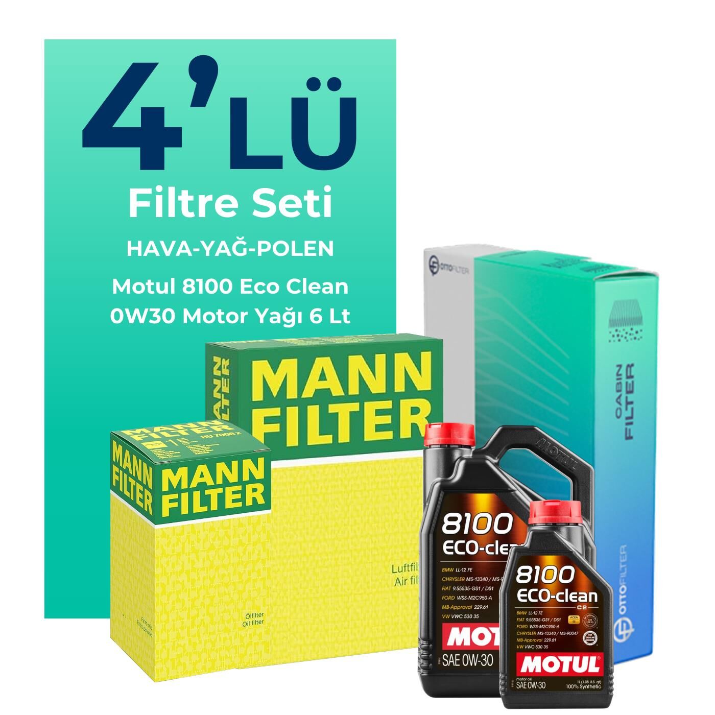 MANN Ford Mondeo 2.0 Dizel Filtre Bakım Seti Motul Motor Yağlı (2015-2018) 4 Lü