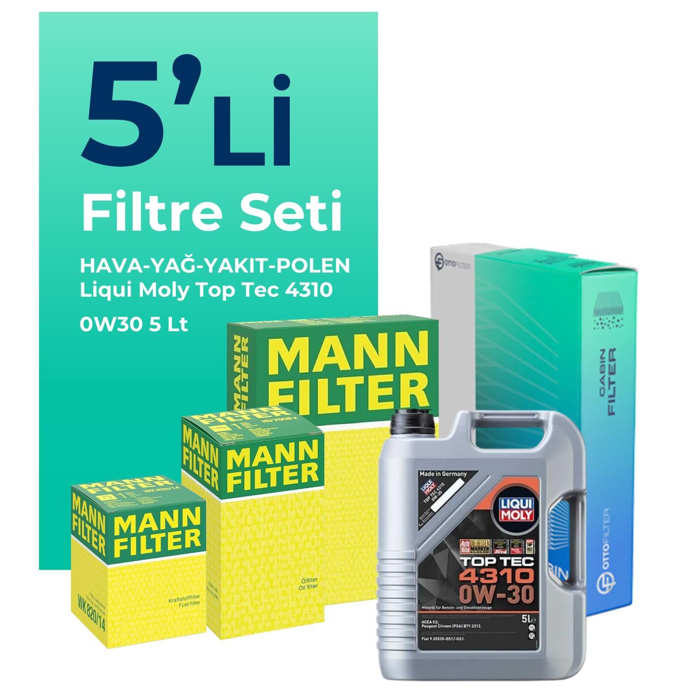 MANN Peugeot 301 1.6 BlueHDi Dizel Filtre Bakım Seti Liqui Moly Motor Yağlı (2014-2020) 5 Li