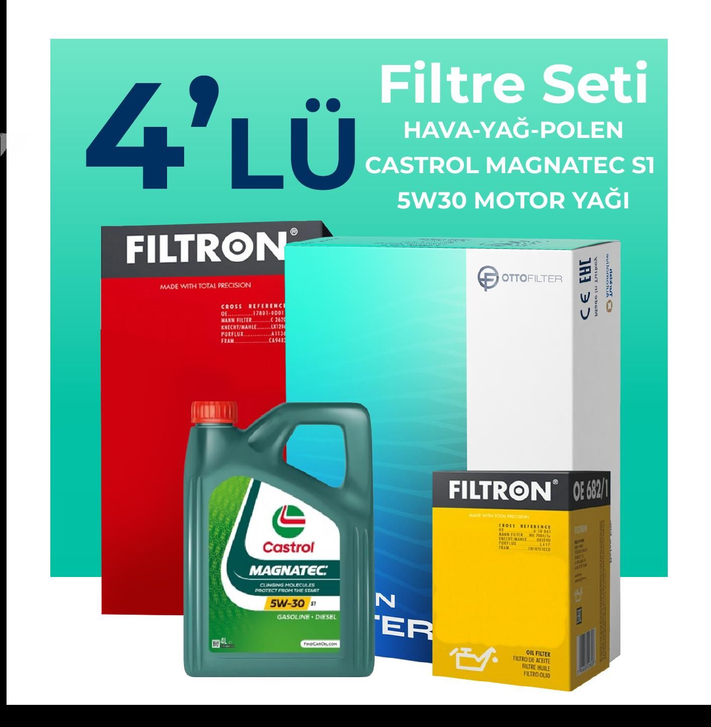 Filtron Chevrolet Aveo / Kalos 1.3 Dizel Filtre Bakım Seti Castrol Motor Yağlı (2011-2015) 4 Lü