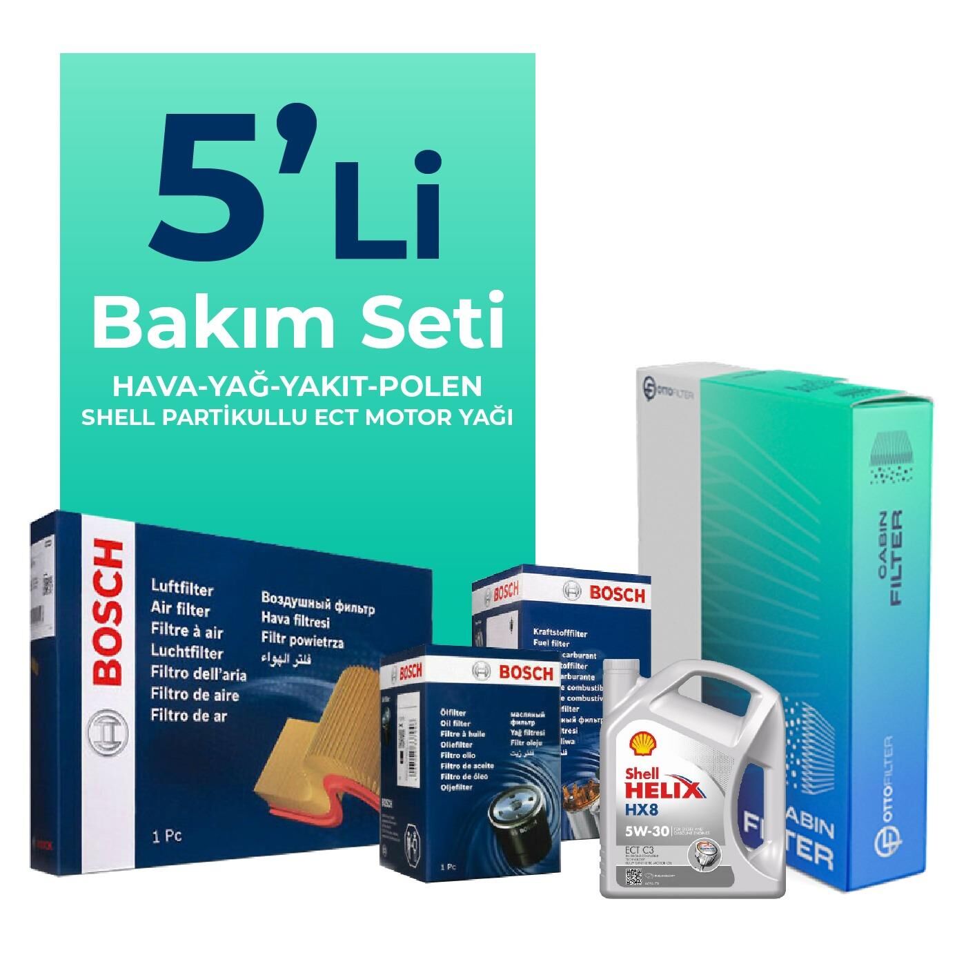 BOSCH Fiat 500L 1.3 Dizel Filtre Bakım Seti Shell Motor Yağlı (2009-2018) 5 Li