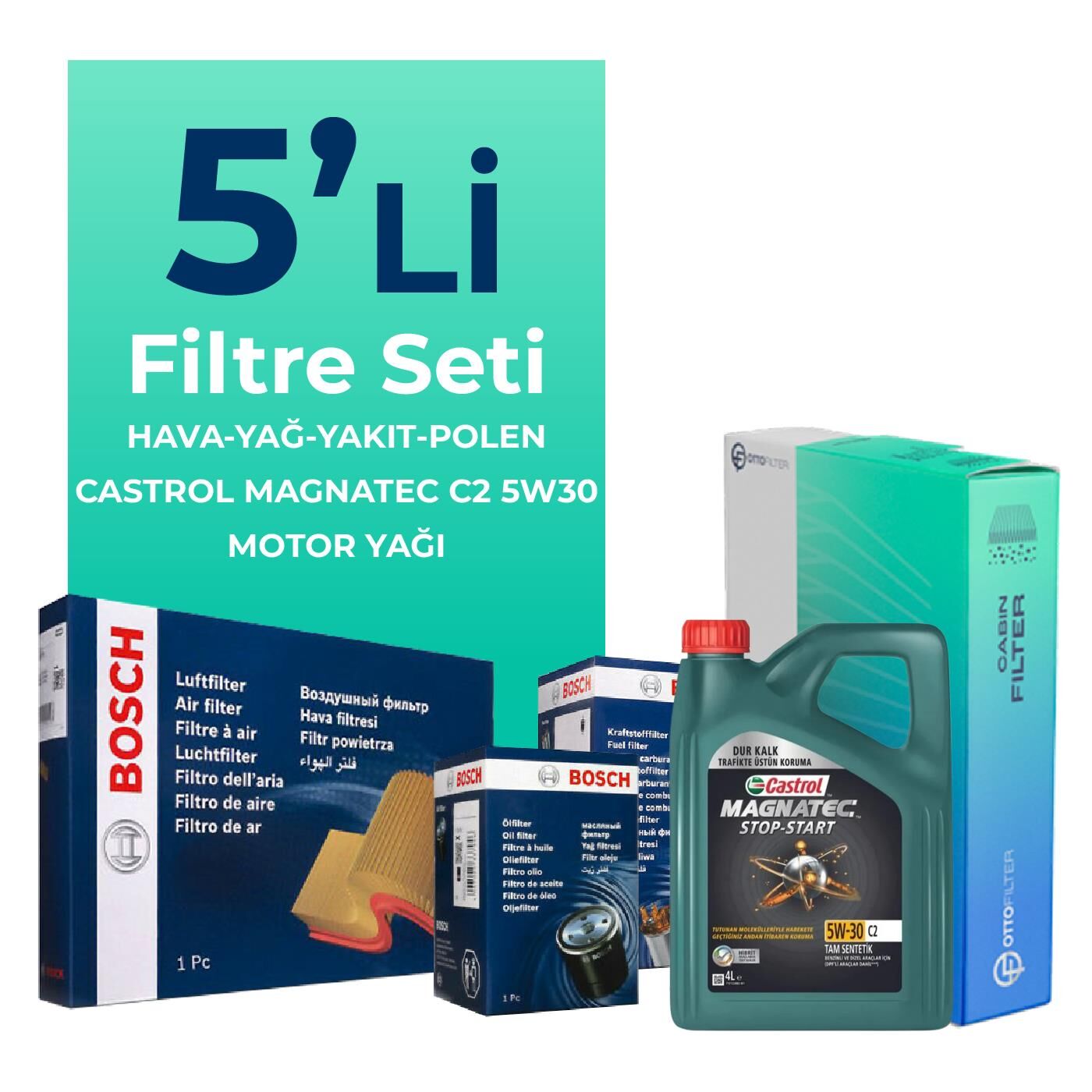BOSCH Peugeot 3008 1.6 Dizel Filtre Bakım Seti Castrol Motor Yağlı (2010-2014) 5 Li