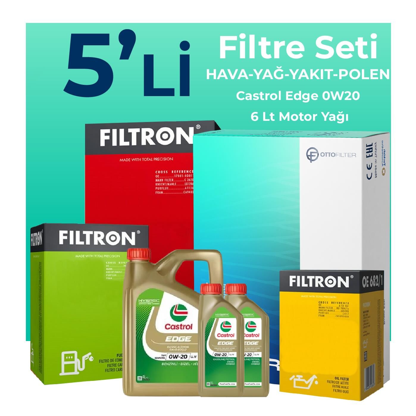 Filtron Volkswagen Caddy 2.0 Dizel Filtre Bakım Seti Castrol Motor Yağlı (2020-2025) 5 Li