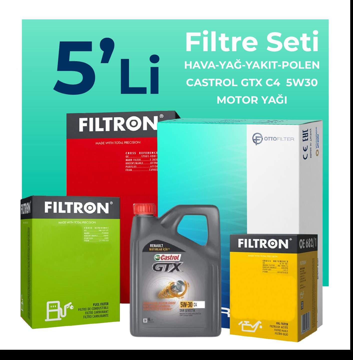 Filtron Mercedes CLA180 Dizel Filtre Bakım Seti Castrol Motor Yağlı (2013-2018) 5 Li