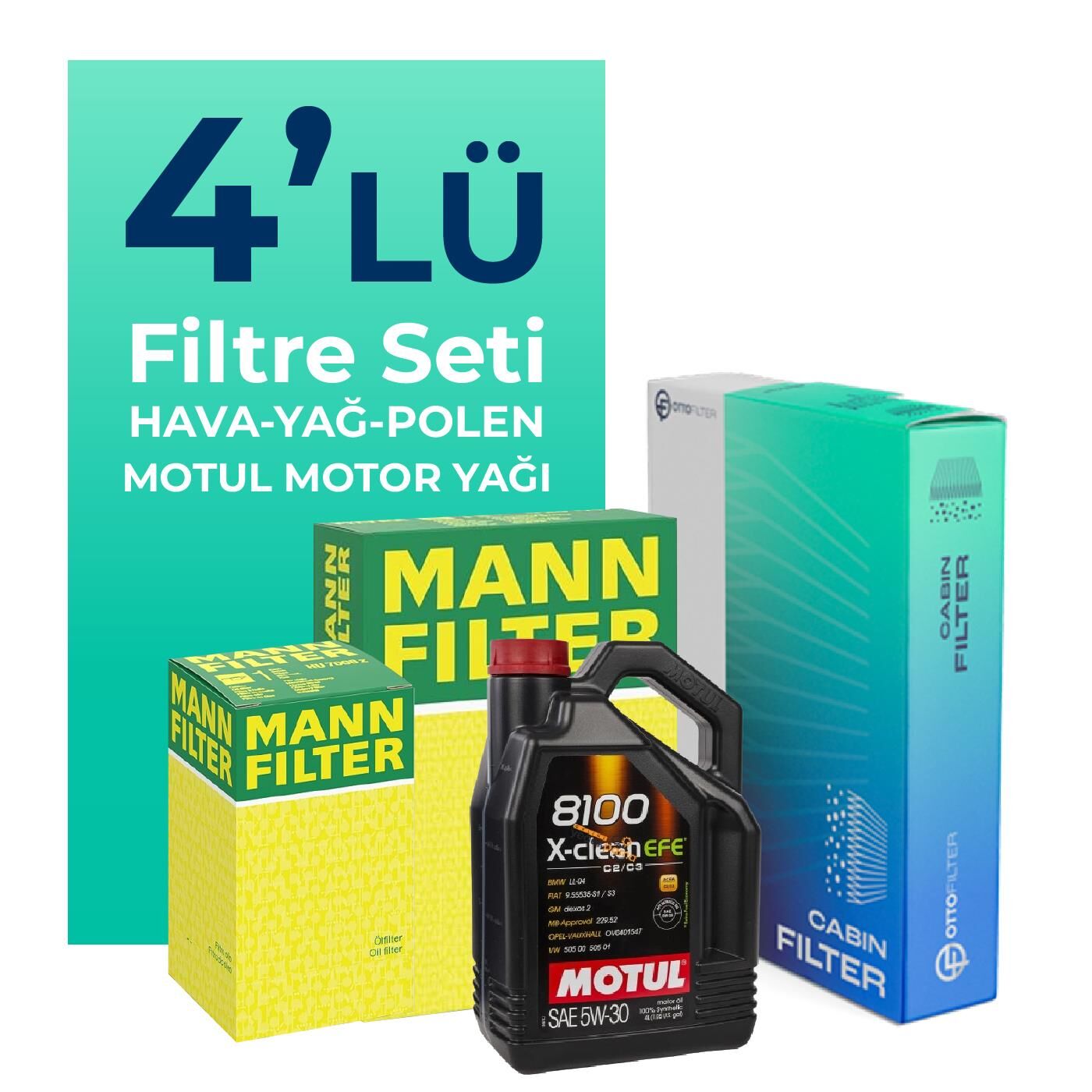MANN Jaguar XJ 2.0 Benzinli Filtre Bakım Seti Motul Motor Yağlı (2010-2018) 4 Lü