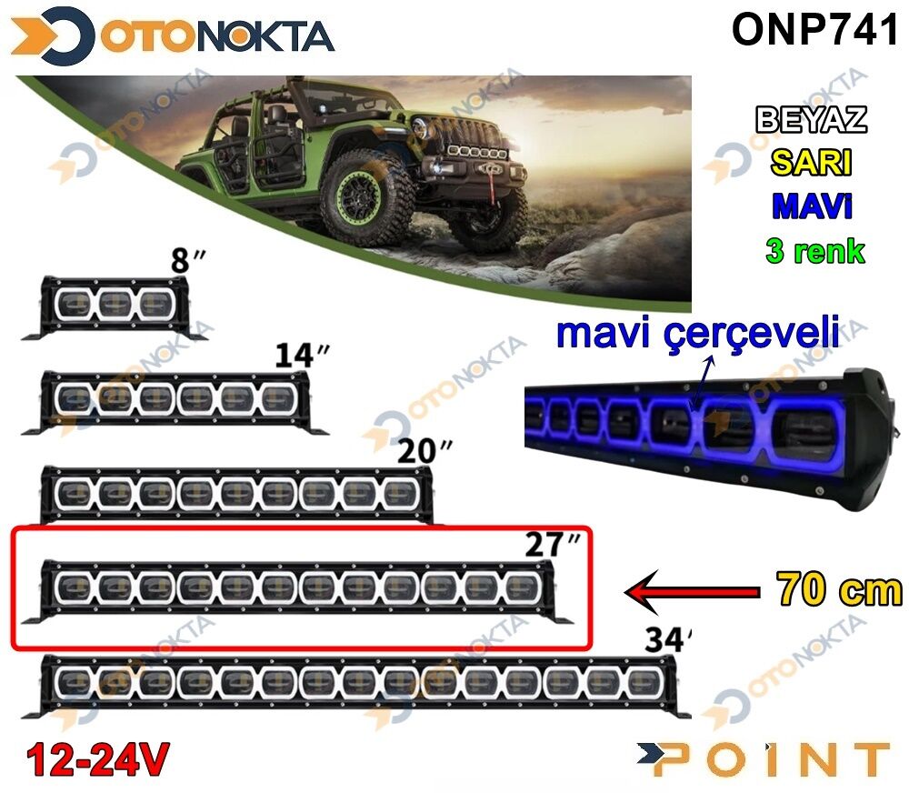 OFF ROAD LED 12 LED 70 CM MAVİ BEYAZ SARI 12V€24V
