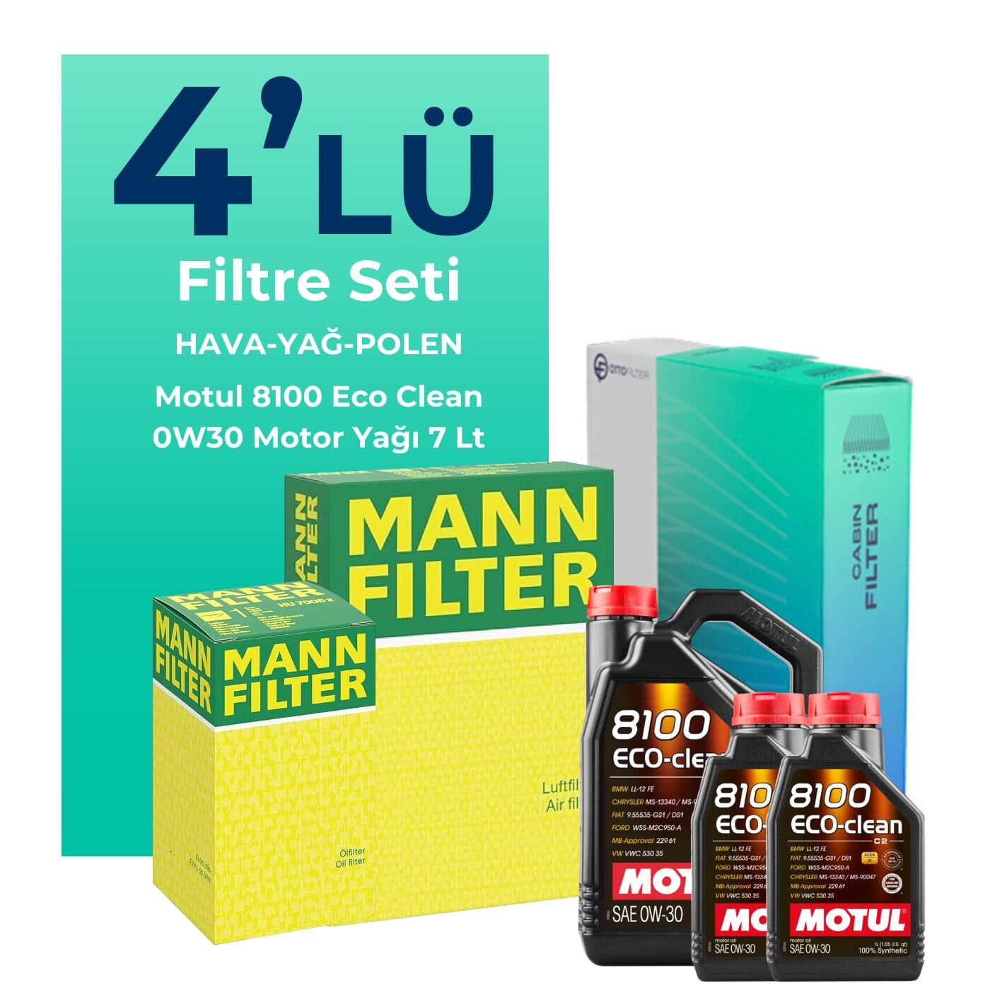 MANN Jaguar XE 2.0 Dizel Filtre Bakım Seti Motul Motor Yağlı (2015-2020) 4 Lü