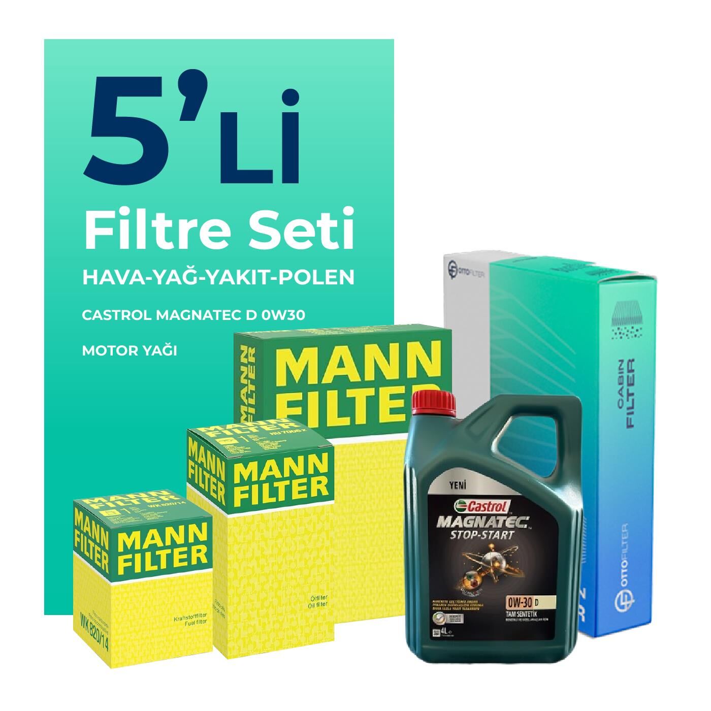 MANN Ford Connect 1.5 Dizel Filtre Bakım Seti Castrol Motor Yağlı (2013-2019) 5 Li